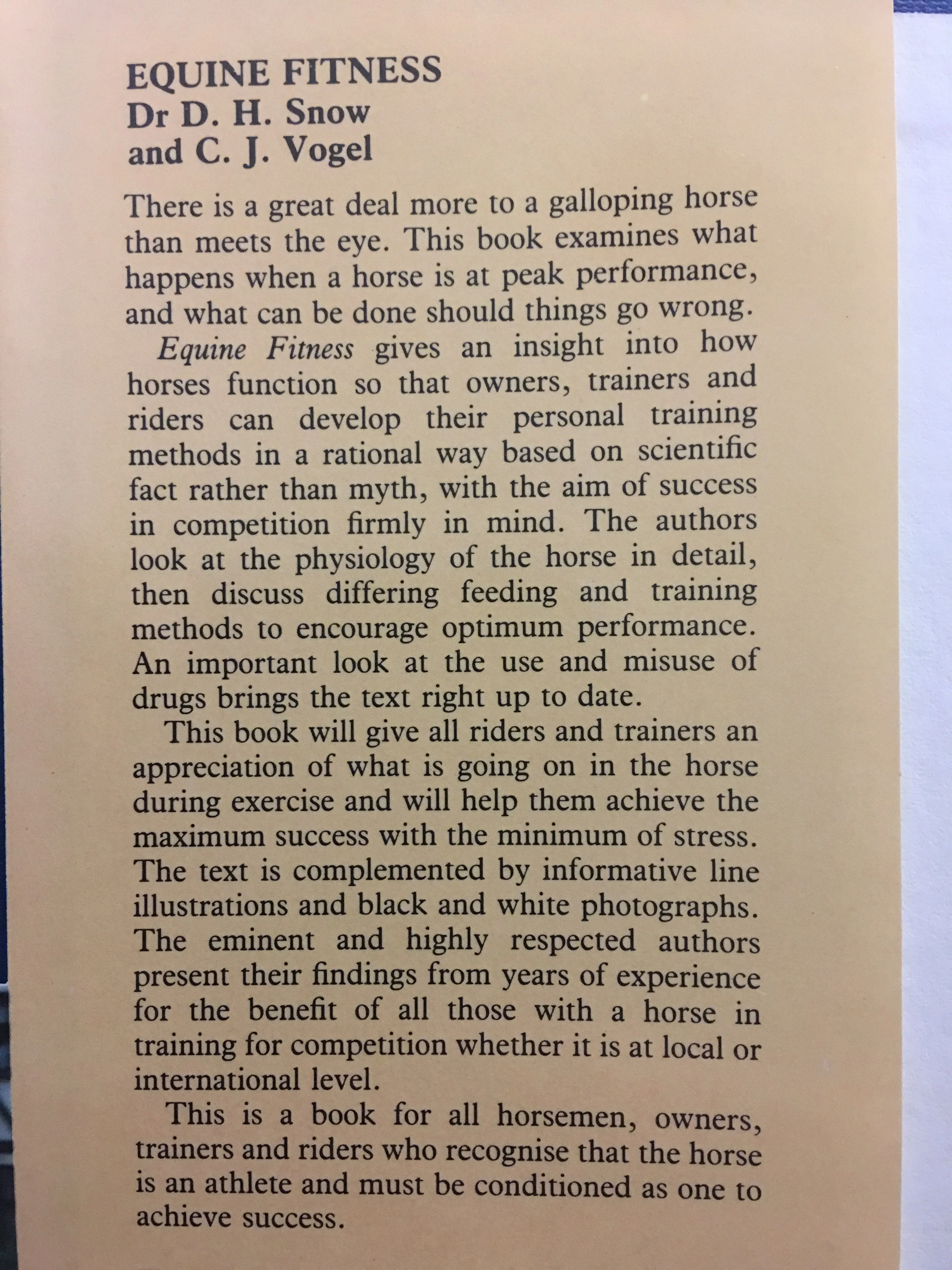 Equine Fitness: The Care and Training of the Athletic Horse Hardcover – by David H. Snow & Colin J. Vogel - very good condition - Image 2