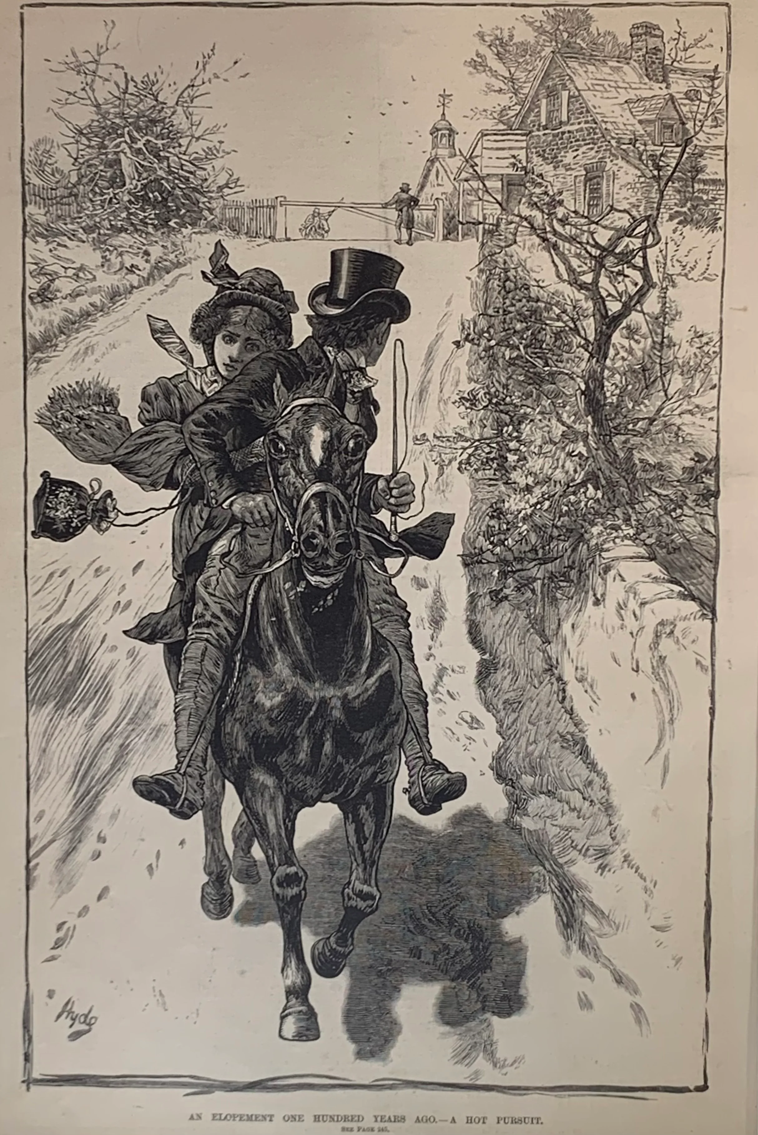 Fine Art Engraving: "An Elopement One Hundred Years Ago - A Hot Pursuit" 1883 Print Matted