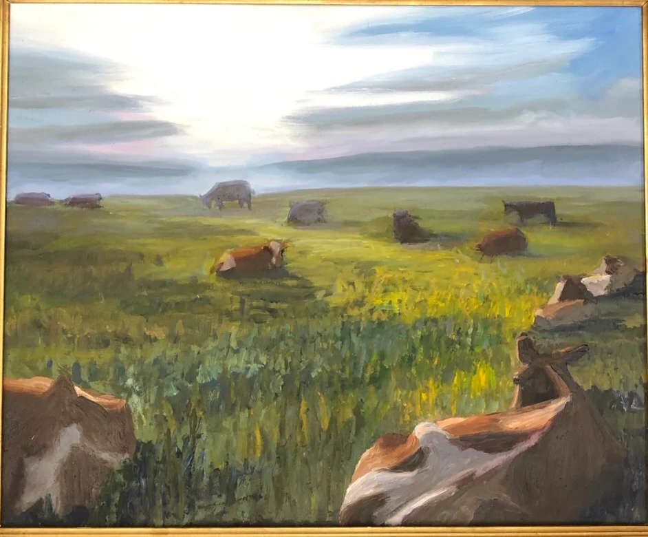 Swiss Cows - oil on board by Richard F. Williams