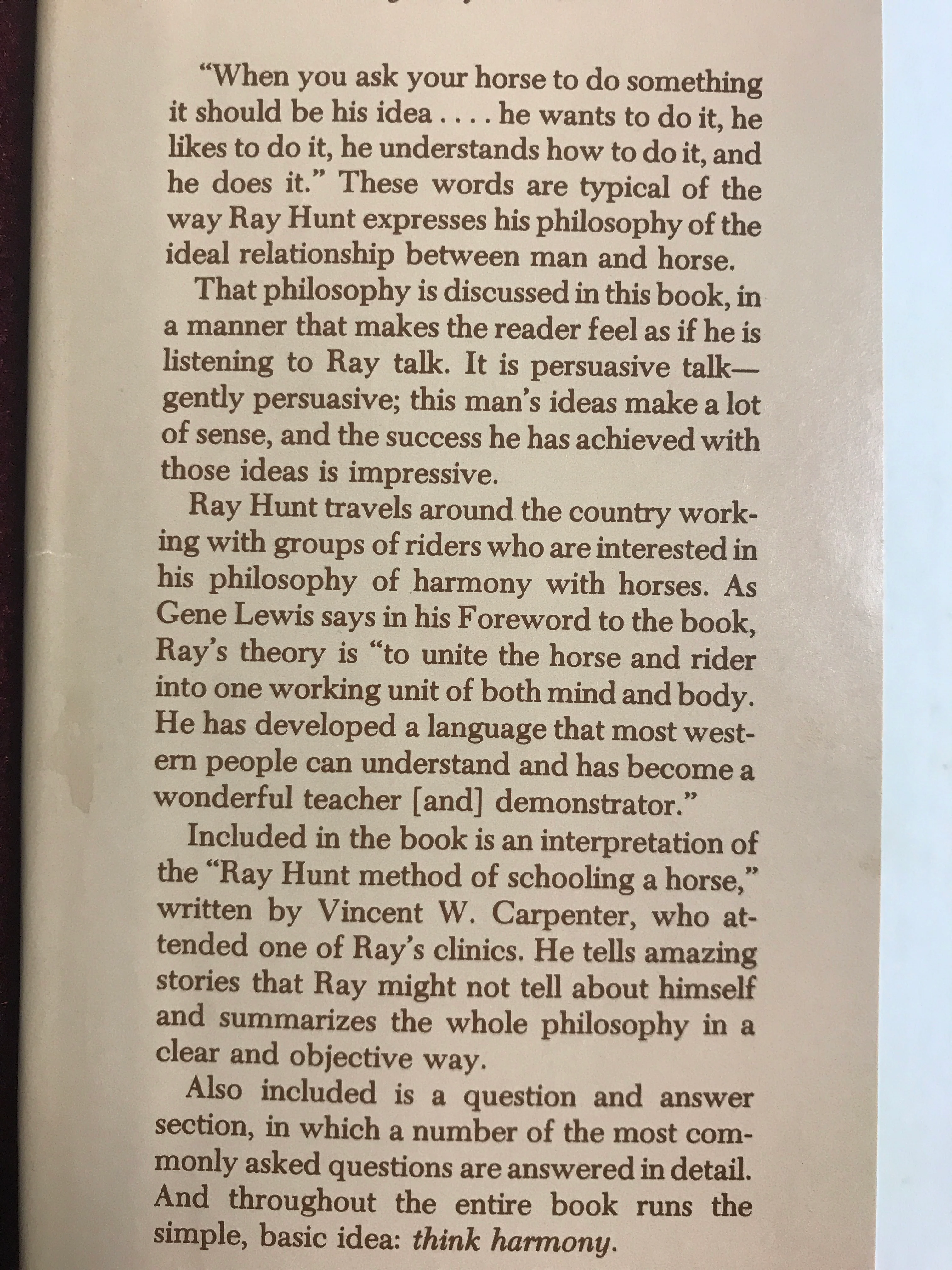 Think Harmony With Horses: An In-Depth Study of Horse/Man Relationship by Ray Hunt - gently used hardcover - Image 2